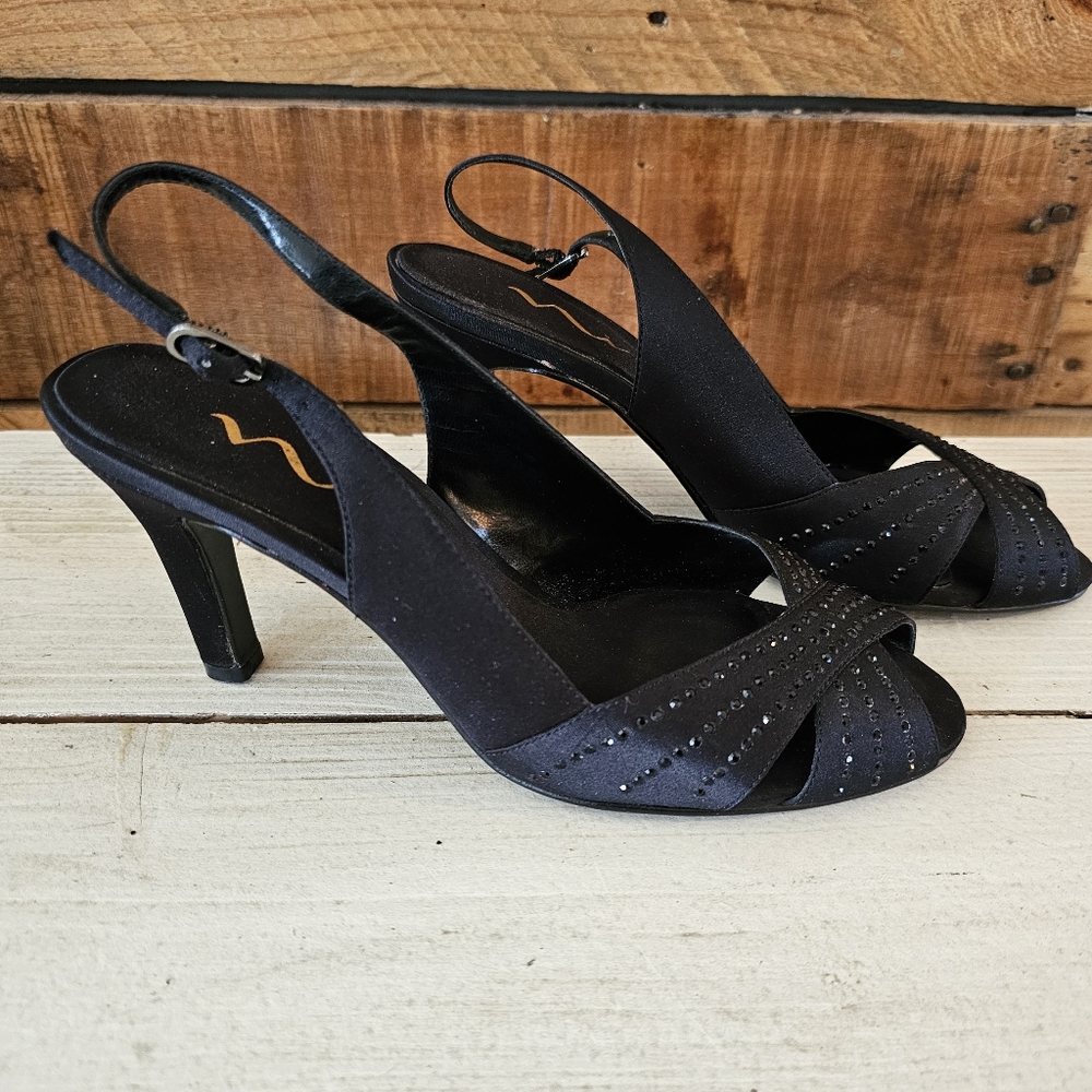 Nina "Camille" black satin and crystal peep toe slingback heels Size 6-1/2M